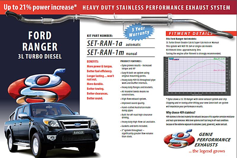 FORD RANGER 3L Turbo Diesel Manual 4X4 only 409 Stainless Steel