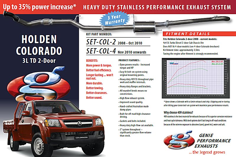 HOLDEN COLORADO 3L TD Turbo Diesel 2-Door 4X4 2008-OCT 2010 409 Stainless Steel