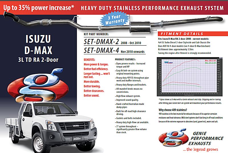 ISUZU D-MAX 3L TD RA 2-Door Turbo Diesel 4X4 NOV 2010 onwards 409 Stainless Steel