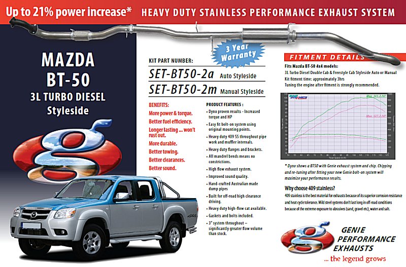 MADZA BT-50 3L Turbo Diesel Manual 4X4 4-Door Double Cab & Styleside 409 Stainless Steel