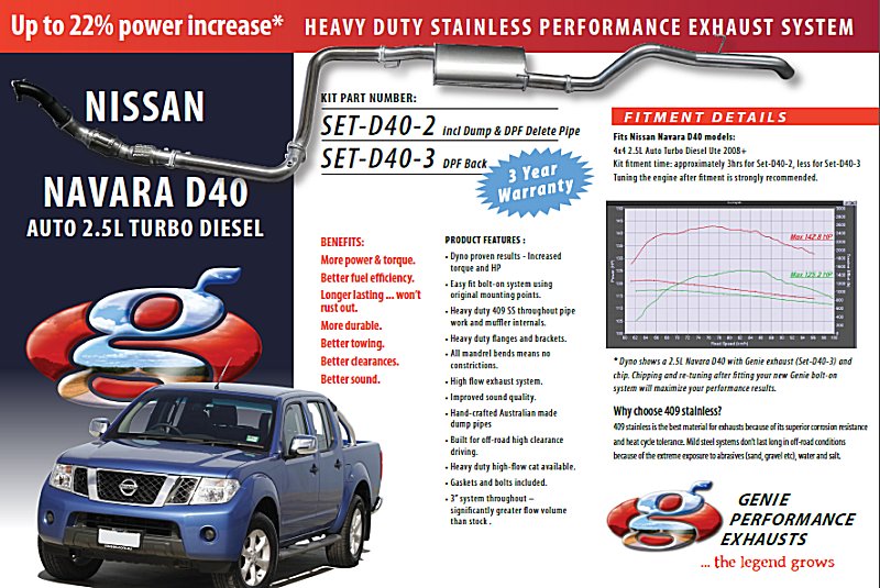 NISSAN NAVARA D40 2.5L Turbo Diesel Auto 4X4 Ute 2008+ (Includes replacement Dump pipe) 409 Stainless Steel