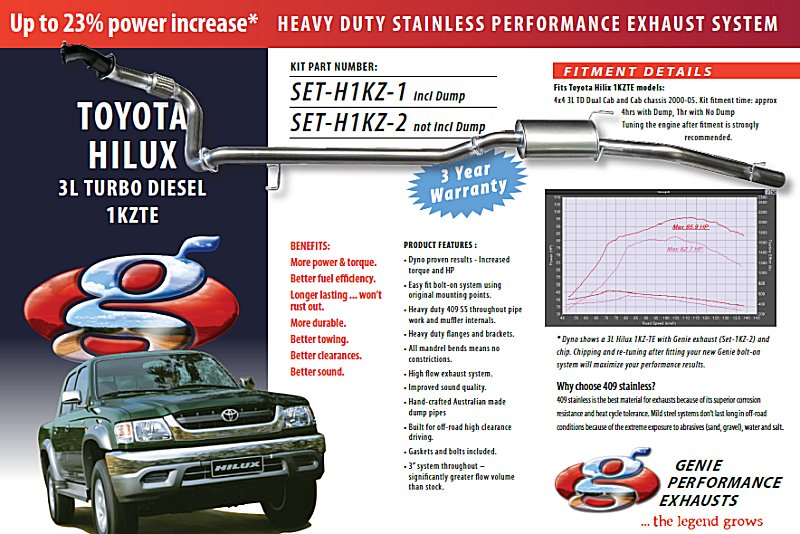 TOYOTA HILUX 1KZTE 3L Turbo Diesel 4X4 Dual Cab and Cab chassis 2000-2005 (includes Dump pipe) 409 Stainless Steel