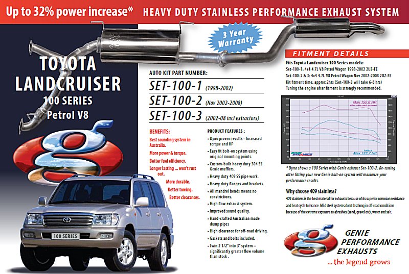 TOYOTA LANDCRUISER 100 SERIES Petrol 4.7L V8 Wagon 2UZ-FE 4X4 NOV 2002-2008 (includes Extractors & Cats) 409 Stainless Steel