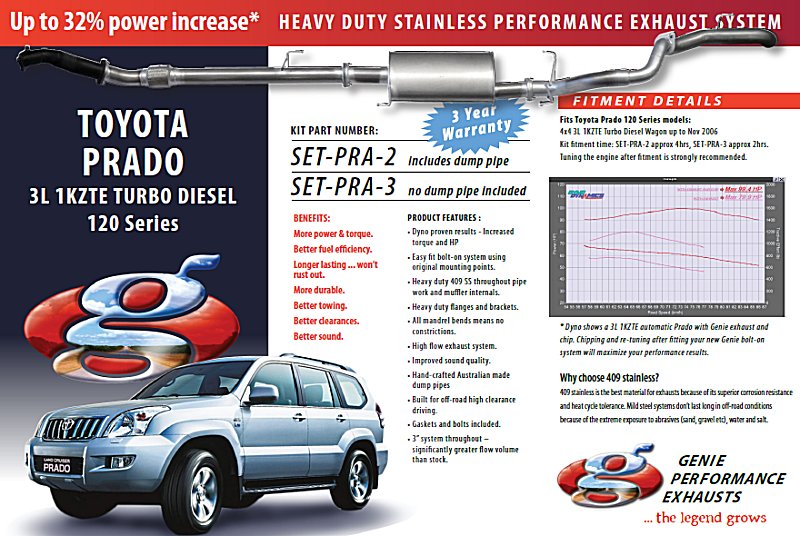 TOYOTA PRADO 3L 1KZTE Turbo Diesel 120 Series 4X4 Wagon Up to NOV 2006+ (Dump pipe included) 409 Stainless Steel